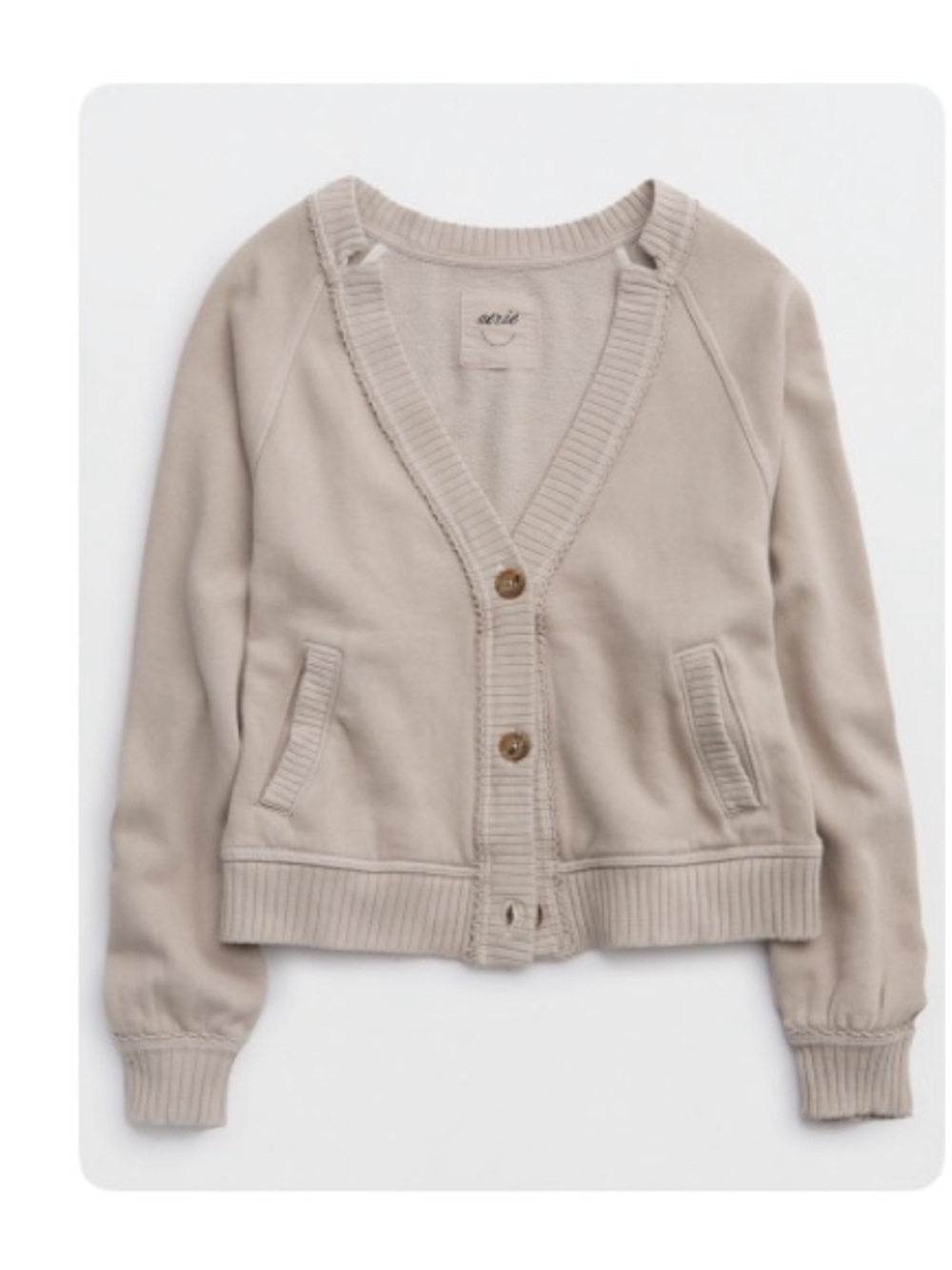 aerie Taupe Button-Front Ribbed-Trim Cardigan